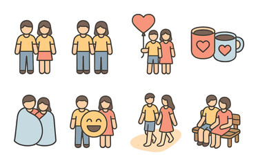 Couple symbols isometric set. hand-in-hand, matching outfits, heart balloon, couple mugs, shared blanket, laugh emoji, walk on beach, cozy bench