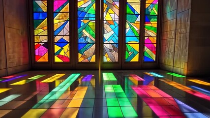 Vibrant stained glass window casting colorful light patterns on the floor - Powered by Adobe
