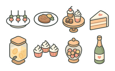 Wedding food isometric set. hors d'oeuvres tray, plated meal, dessert table, wedding cake slice, drink dispenser, cupcakes, candy jar, champagne bottle