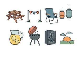 Outdoor grad party clipart isometric set. picnic table, banner across yard, lawn chair, paper lanterns, lemonade pitcher, barbecue grill, speaker icon.