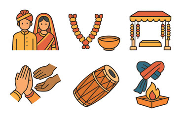 Cultural wedding isometric set. traditional attire, ceremonial garland, symbolic bowl, decorated canopy, family blessing hands, cultural drum, unity fabric