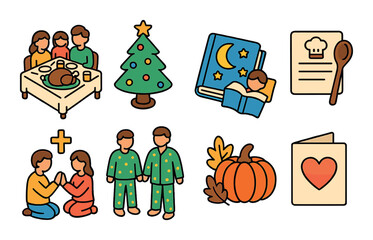 Family traditions isometric set. Sunday dinner, holiday tree, bedtime storybook, family recipe, shared prayer, matching pajamas, seasonal decor, homemade