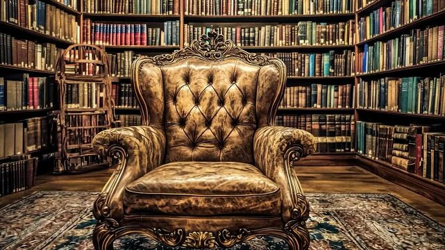 Ornate leather armchair in a grand library