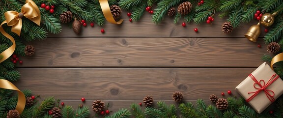 Festive Holiday Pine Garland on Wooden Background with Gift
