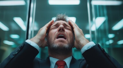 A professional man in a suit appears overwhelmed, holding his head in despair, illustrating the intense pressure and stress often associated with modern work environments and responsibilities.