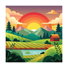 Obraz premium Colorful Sunset Landscape Illustration with Cabin and Mountains