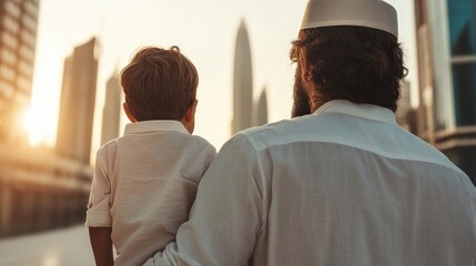 Obraz premium A father and child gazing at a stunning skyline at sunset, symbolizing love, connection, and the beauty of family moments shared against the backdrop of urban life.