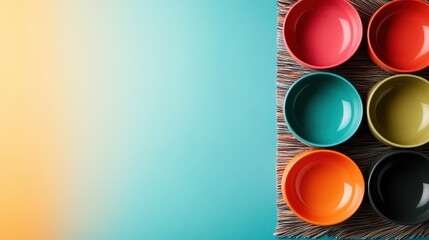 A collection of vibrant bowls arranged neatly, showcasing a palette of bold colors that represent fun, creativity, and culinary delight in an inviting, artistic presentation.