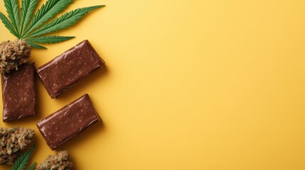 An artistic arrangement of chocolate bars alongside cannabis leaves on a bright yellow background, illustrating the blend of flavors and unexpected combinations in modern delicacies.