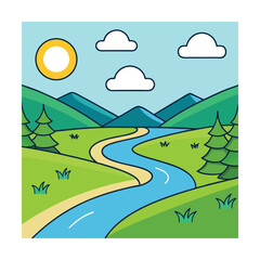 Obraz premium Cartoon River Landscape with Mountains and Trees