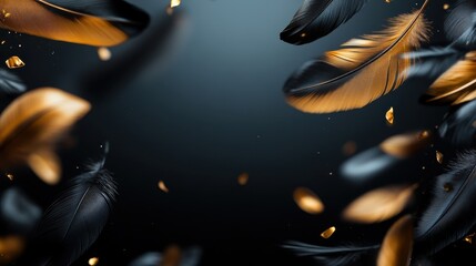 Beautiful black and gold feathers gracefully float and swirl against a dark backdrop, creating an aesthetic atmosphere full of elegance and artistic expression.