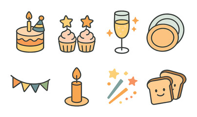 Celebration table isometric set. cake with cap, cupcakes with stars, sparkling drink, plates and napkins, banner string, lit candle, confetti stars, smile