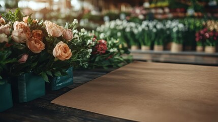 Obraz premium A beautifully arranged selection of colorful flowers set in a quaint shop, showcasing the vibrant beauty of nature and the artistry of floristry in a serene environment.