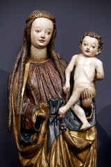 The National Museum. The Virgin Mary carrying the baby Jesus in her arms.  1466. Fir and spruce wood panels from St Peter and paul's Church in Liegnitz.  Warsaw. Poland.