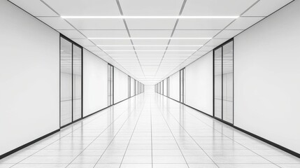 Bright empty corridor with glass doors and white walls