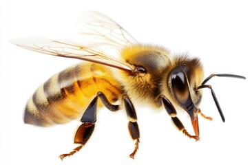 Close-up of a honeybee in profile, showcasing its segmented body, wings, and antennae