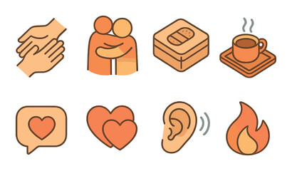 Support and care isometric set. helping hands, comfort hug, bandage box, tea tray, kind message, support hearts, listening ear, warmth icon