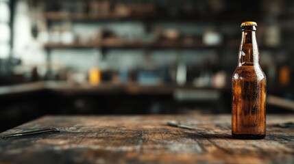 A refreshing, frosty beer bottle stands on a rustic wooden table, evoking a sense of relaxation and enjoyment, surrounded by the rustic charm of a bar environment.