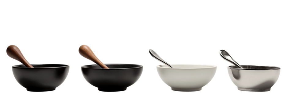 A set of four black and white bowls with a wooden spoon.