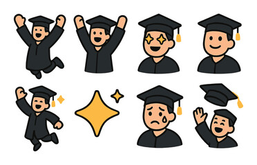 Graduation joy isometric set. joyful jump, arms raised, shining eyes, wide smile, celebration dance, sparkle star, emotional tear, cap toss