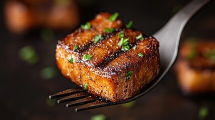 A beautifully grilled piece of meat glistens on a fork, capturing the essence of culinary delight and the joy of gourmet dining in a cozy culinary setting.