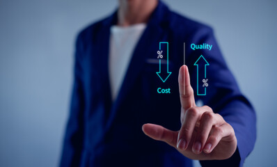 Business showing cost with down arrow and quality with up arrow and improvement quality of product...