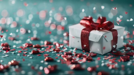 A beautifully wrapped gift box set against a sparkling backdrop of heart-shape confetti, perfect for capturing themes of love, celebration, and special moments in life.