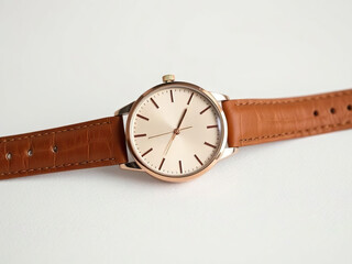 Minimalist wristwatch with beige dial, rose gold casing, and brown leather strap, placed on white surface