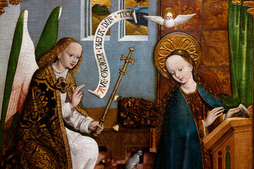 The National Museum. The Annunciation is the announcement by the angel Gabriel to the Virgin Mary that she will become the mother of Jesus. Wroclaw 1500. Pine wood panels.  Warsaw. Poland.