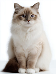 Fluffy Ragdoll Cat Sitting On White Background