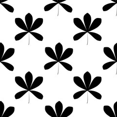 Seamless pattern of black silhouette leaves on a white background. Vector.