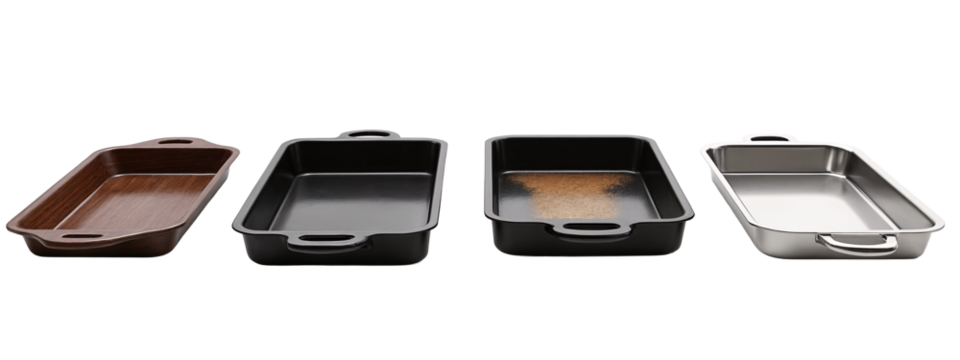 A set of three rectangular roasting pans with handles.