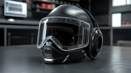 Fototapeta premium Futuristic helmet resting on table in modern setting