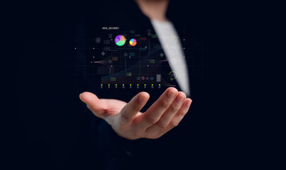 Concept digital transformation technology strategy, Analyst working with Business, metrics connected to database Corporate.