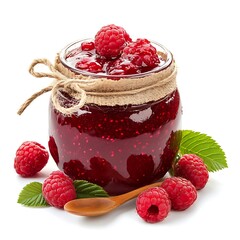 Delicious raspberry jam in a jar with ripe berries