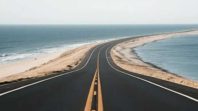 Aerial drone footage gliding smoothly above a winding coastal road that curves dramatically between the ocean and sandy shore. The camera follows the road&rsquo;s shape with subtle tilts, revealing stunning