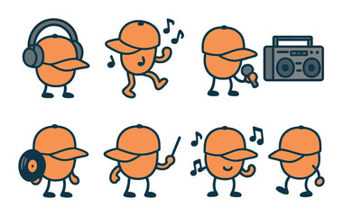 Cap and musical world isometric set. cap with headphones, cap dancing to beat, cap singing, cap near boom box, cap with vinyl record, cap conducting