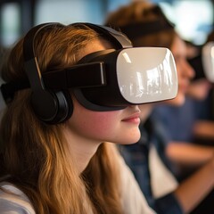 A student using VR headsets for an immersive online learning experience.