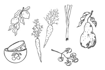 Cottagecore set cosy country rural things sketch. Retro cute whimsy farm themed cottage core aesthetic. Hobby collection, vegetables doodle.