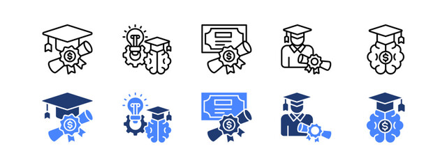Scholarship icon set with Scholarship, Creativity, Diploma, Graduation, Intelligence Quotient.