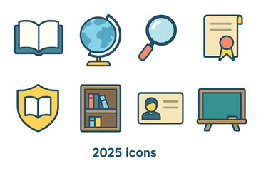 Academic symbols 2025 isometric set. open book, globe, magnifying glass, certificate icon, school crest, library shelf, student ID, classroom board