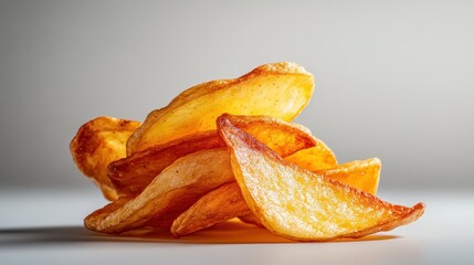 A mouthwatering arrangement of crispy potato chips stacked in an artistic manner against a neutral background, emphasizing snacks that delight and the simplicity of great food.