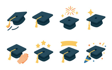 Cap in celebration isometric set. flying cap, cap mid-air, cap with fireworks, cap with sparkles, cap and clapping hands, cap with stars, cap with hooray