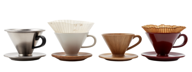 A set of four different colored coffee drippers