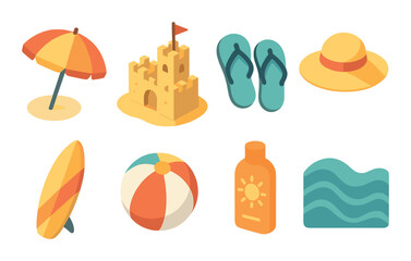 Beach getaway isometric set. beach umbrella, sandcastle, flip flops, sunhat, surfboard, beach ball, sunscreen, ocean waves
