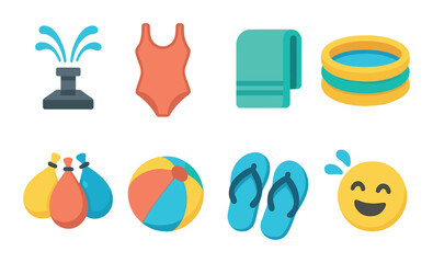 Water play day isometric set. sprinkler, swimsuit, towel, inflatable pool, water balloons, beach ball, flip flops, splashing emoji