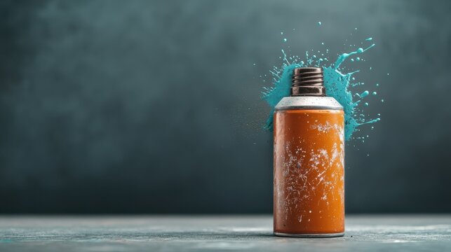 An artistic depiction of an orange spray paint can creating a dramatic splash of vibrant blue paint, symbolizing creativity and artistic expression in urban environments. - Powered by Adobe
