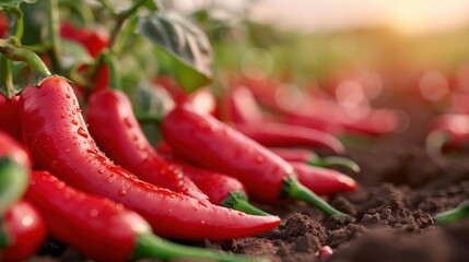 A vibrant array of fresh red chili peppers resting on rich soil, glistening under the sunlight, showcasing their luscious texture and inviting color for culinary use.