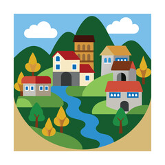 Fototapeta premium Minimal Flat Design Village with River and Mountains in Autumn Colors