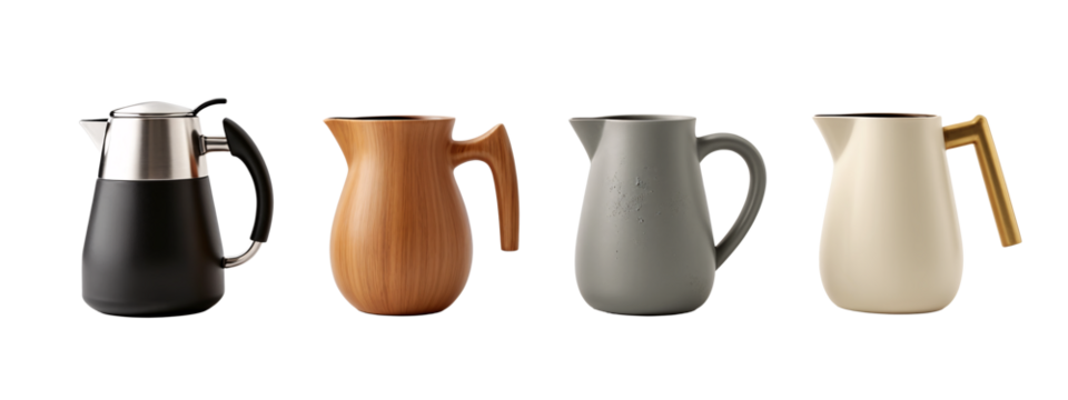 A group of three different colored jugs
